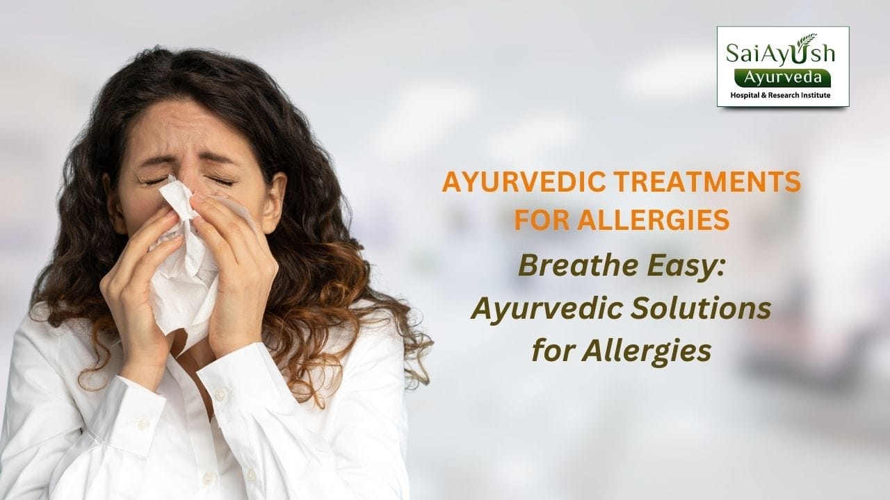 Woman holding tissue against nose, appearing to sneeze, with text ‘Ayurvedic Treatments for Allergies’ and ‘Breathe Easy: Ayurvedic Solutions for Allergies’ beside her, promoting natural rel Woman holding tissue against nose, appearing to sneeze, with text 'Ayurvedic Treatments for Allergies' and 'Breathe Easy: Ayurvedic Solutions for Allergies' beside her, promoting natural rel