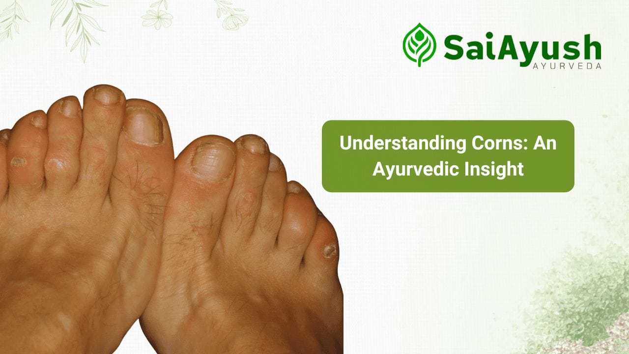 Close-up of feet with corns, accompanied by text ‘Understanding Corns: An Ayurvedic Insight’ and SaiAyush Ayurveda logo. Image relates to Ayurveda-based treatment and remedies for corns in 2025. Close-up of feet with corns, accompanied by text 'Understanding Corns: An Ayurvedic Insight' and SaiAyush Ayurveda logo. Image relates to Ayurveda-based treatment and remedies for corns in 2025.